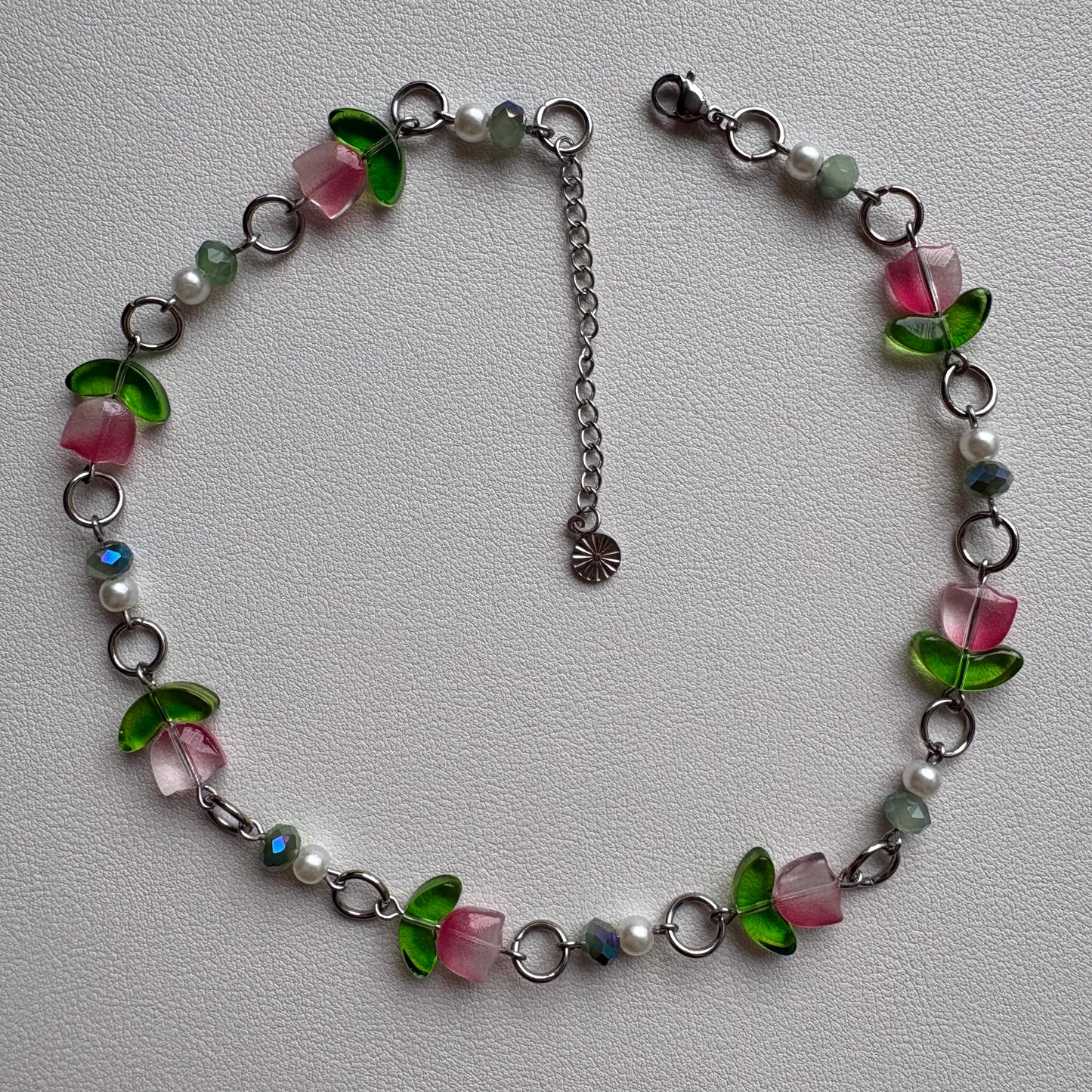pink tulip choker- silver