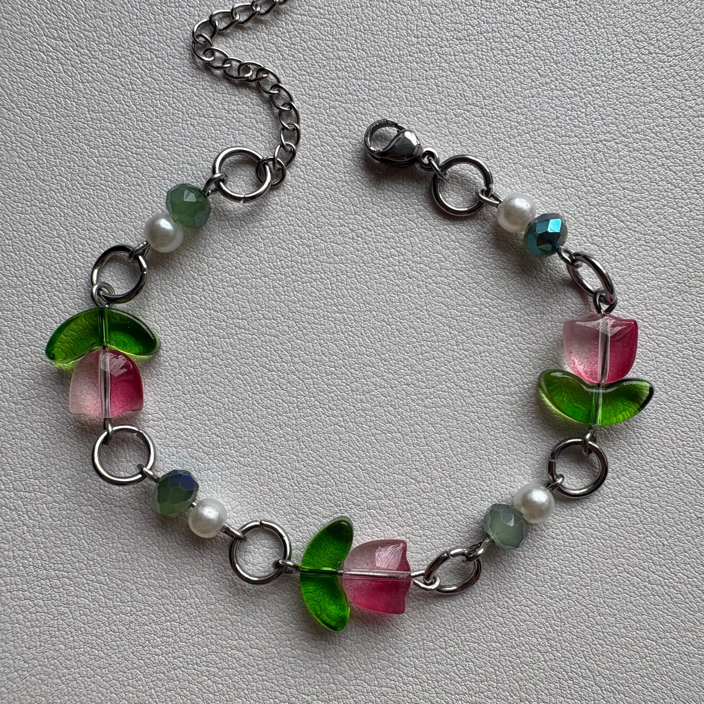 pink tulip bracelet- silver