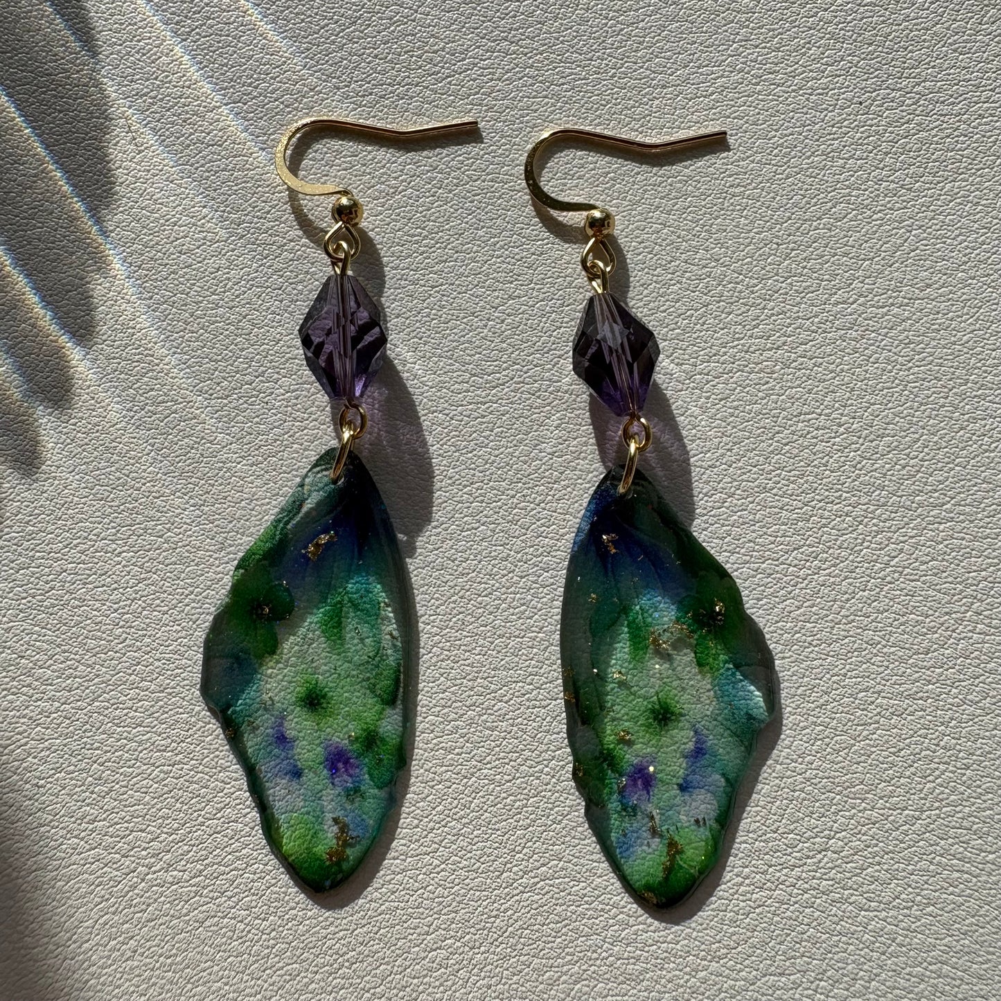 purple and green butterfly wing earrings